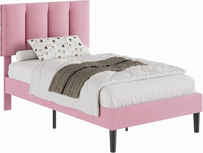 VECELO Twin Size Bed Frame with Upholstered Headboard, Heavy-Duty Bedframe with Wooden Slats & Steel Framework, Easy Assembly, Pink