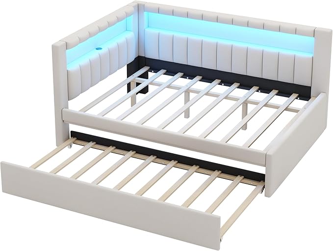 Merax Modern Upholstered Platform Bed Frame with USB Ports & Trundle Bed, Floor Sofa Day Bed with Storage Headboard, No Box Spring Needed/Easy Assemble/Full,White