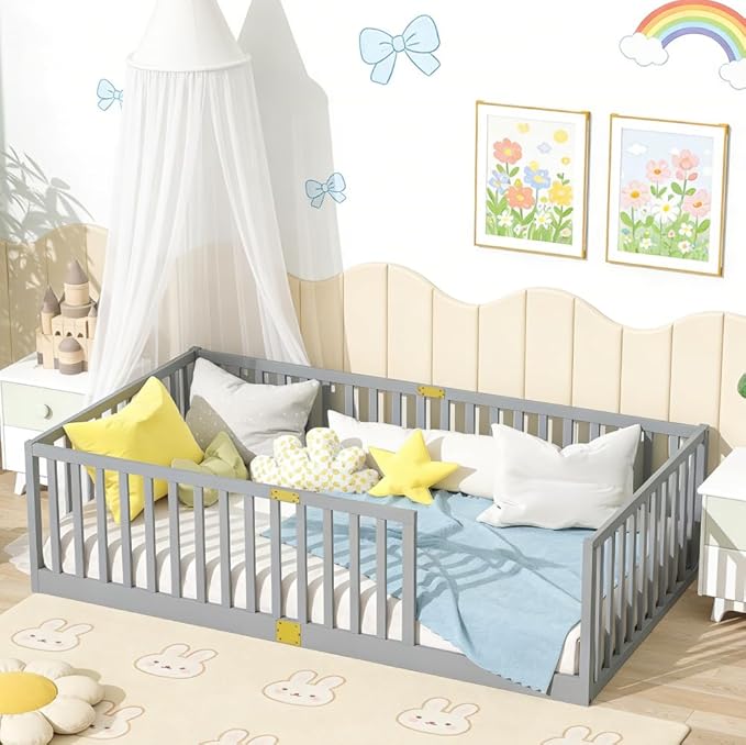 Bellemave Twin Size Montessori Floor Bed with 21.5" High Rails, Rubber Wood Twin Floor Bed with Slats, Gray