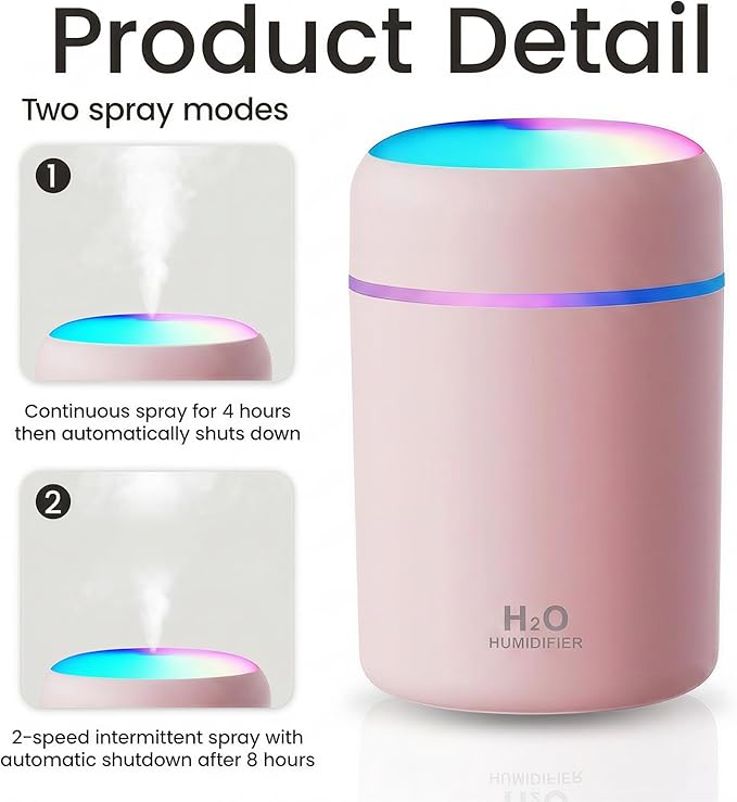 Portable Colorful Cool Mini Humidifier,Aroma Essential USB Personal Desktop Humidifier, for Bedroom, Office & Car(300ml, White) (pink)