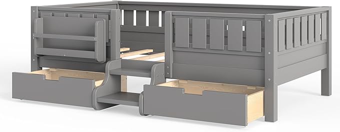 Bellemave Twin Size Kids Montessori Bed with Stairs and Bookshelf,Solid Wood Twin Size Kids Bed Frame with Drawers and Storage for Girls Boys,Low-Profile,Gray