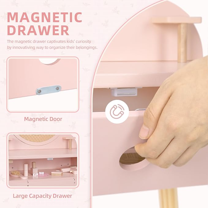 OOOK Kids Vanity Table and Chair Set, Pink Girls Vanity Set with 11 Pcs Accessories, Enough for Real and Pretend Makeup, Toddler Vanity for 3-5 Year Old and Up as Ideal Gift