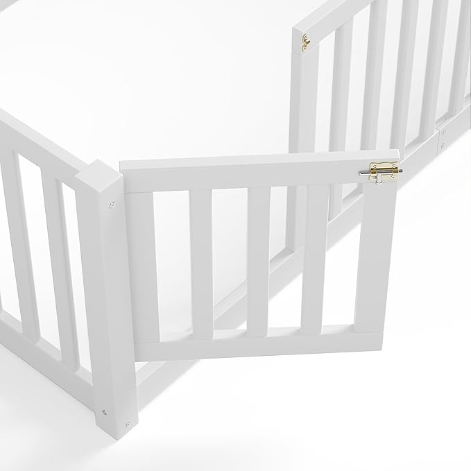 Bellemave Twin Size Montessori Floor Bed with 23.5" High Rails, Pine,Plywood Twin Floor Bed with Small Door, White