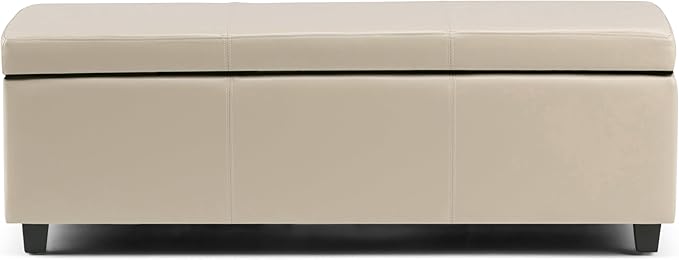 SIMPLIHOME Avalon Storage Ottoman Bench - 48" Wide x 16" High Upholstered Vegan Leather Rectangular Lift-Top Ottoman in Satin Cream, Contemporary Storage Bench for Living Room with High-Density Foam