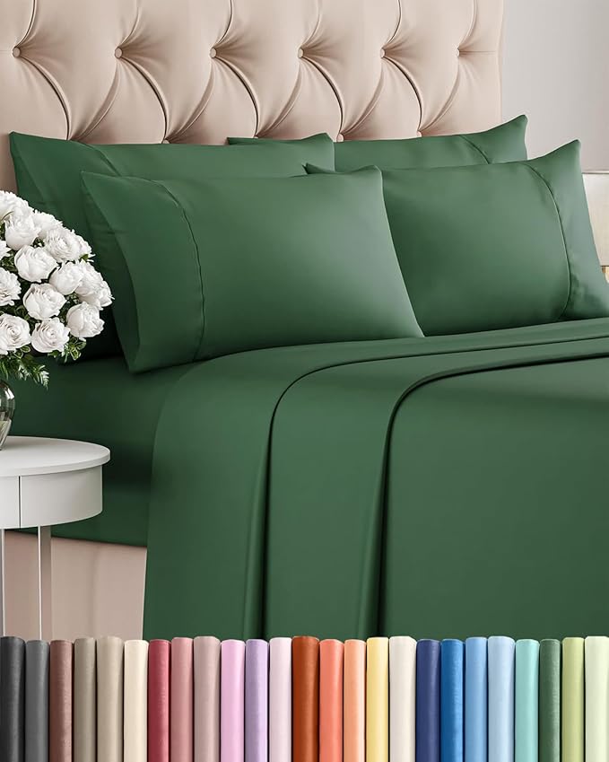 Queen 6 Piece Sheet Set - Comfy, Breathable & Cooling - Hotel Luxury Bedding for Women, Men, Kids, Teens and Children - 1 Flat & 1 Fitted Sheet & 4 Pillowcases w/ Deep Pockets - Wrinkle Free - Emerald