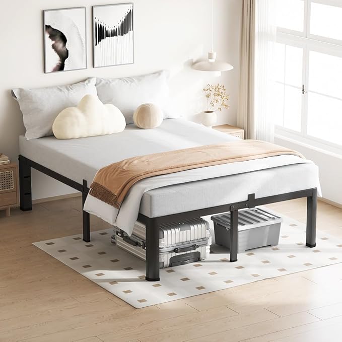 VIPSHOW 14 Inch Queen Bed Frame, 3500Lbs Heavy Duty Metal Platform with Round Corner Legs Mattress Slide Stopper, Steel Slat Support No Box Spring Needed, Noise Free, Non-Slip, Easy Assembly