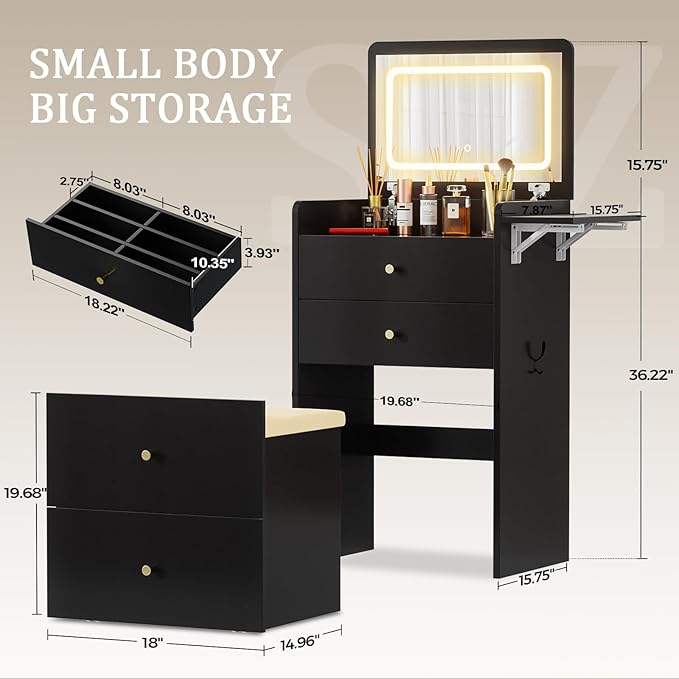 COMHOMA Makeup Vanity Desk with Mirror and Lights, Small 3 in 1 Vanity Table with Visible Glass Top, Flip Top & 3 Drawers, Compact Dresser with Storage Stool for Bedroom, Office or Nightstand