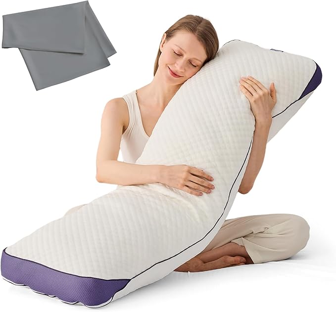 HOMELAB Adjustable Shredded Memory Foam Body Pillow Bundle with Gray Mulberry Silk Pillowcase, Cooling Long Pillow Full Support for Side Sleepers, Back, Hip & Leg Comfort, 1 Pack 20"x52"