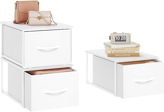 X-cosrack 3 Packs Individual Stackable Storage Drawers with Wood Top for Closet, Small Stacking Closet Organizer with Drawers, Metal Frame 3 Fabric Storage Drawer Bins for Bedroom, Under Bed, White