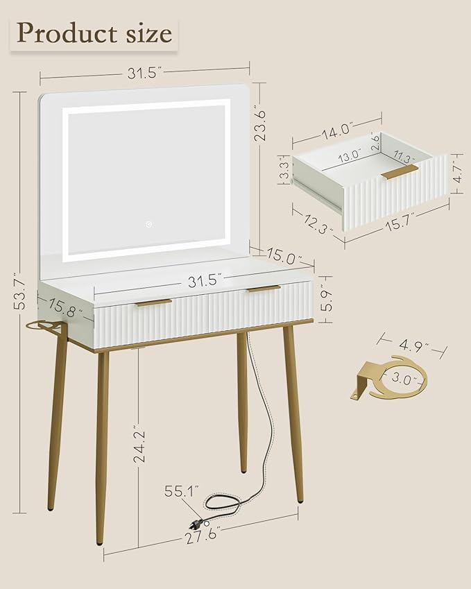 Makeup Vanity Desk with Lights and Mirror, Small Makeup Vanity Table with 2 Drawers, Dressing Table with 3 Adjustable Lighting Color, Small Makeup Desk for Bedroom, White with Gold Leg