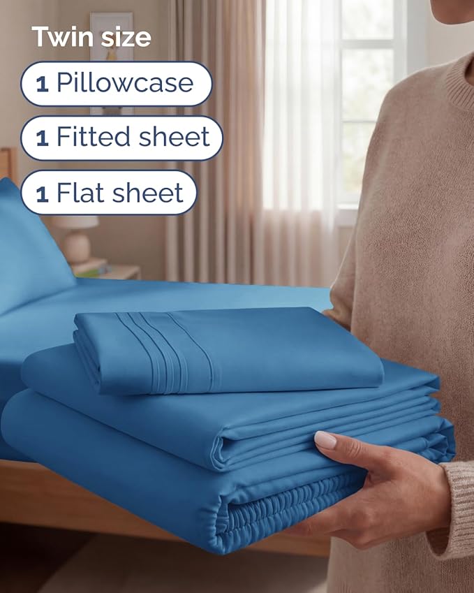 Twin Size 3 Piece Sheet Set - Comfy Breathable & Cooling Sheets - Hotel Luxury Bed Sheets for Women & Men - Deep Pockets, Easy-Fit, Soft & Wrinkle Free Sheets - Denim Blue Oeko-Tex Bed Sheet Set