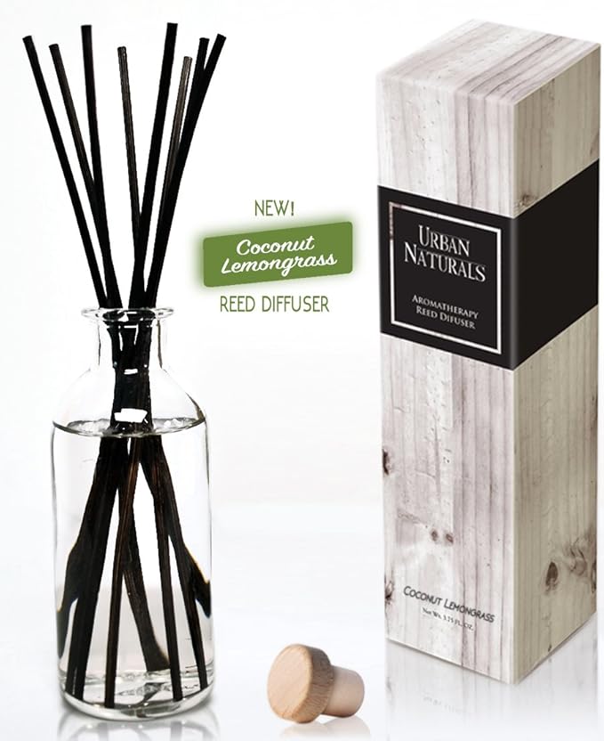 Urban Naturals Coconut Lemongrass Home Fragrance Reed Diffuser Oil Set | Tropical Blend of Lemongrass, Fresh Limes & Sweet Coconut Milk | Great Home Gift Idea! Vegan. Made in the USA