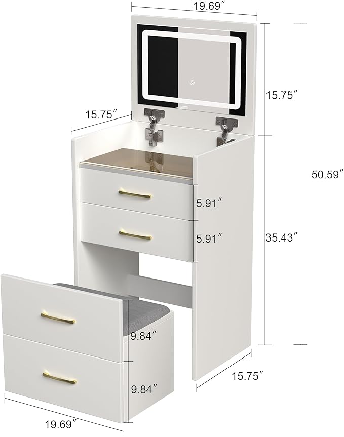 Small Makeup Vanity Desk with Flip Top Lighted Mirror, 3-in-1 Nightstand Vanity Combo with Visible Glass Desktop, Compact Dressing Table with Storage Stool & 3 Drawers for Small Bedroom, White