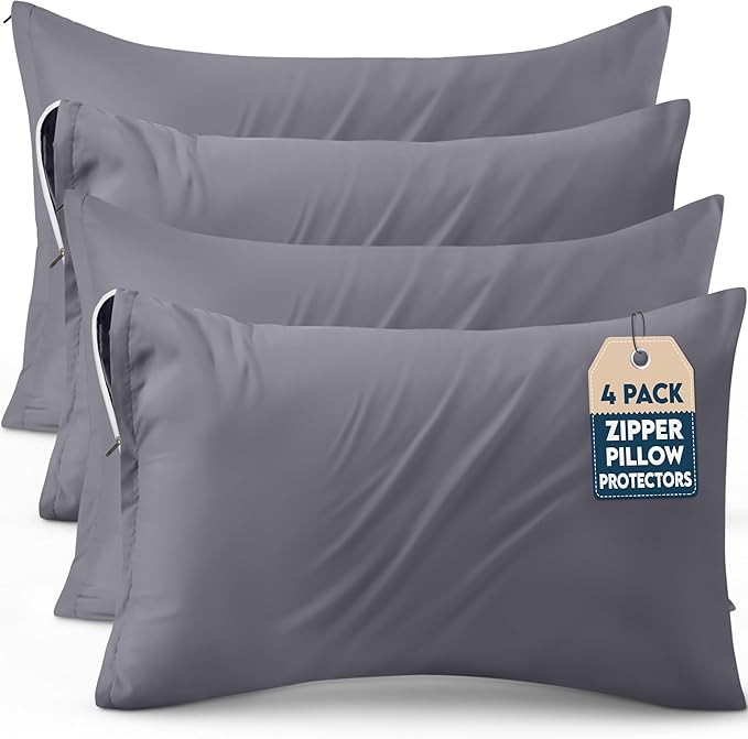 Utopia Bedding 4 Pack Pillow Protectors with Zipper Queen Size, Soft Brushed Microfiber Fabric Pillow Cases, Shrinkage and Fade Resistant Pillow Covers (Grey)