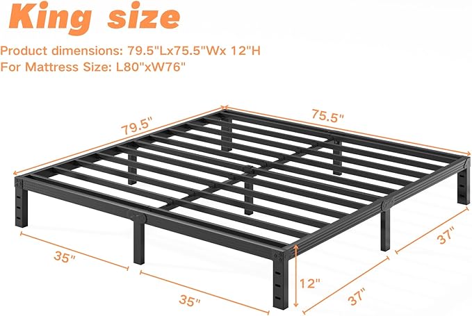 King-Size Metal Bed-Frame No Box Spring Needed,12-Inch Noise Free Black Platform-Bed Base, Easy Assembly,Heavy Duty Steel Slat Support Non Slip Mattress Foundation