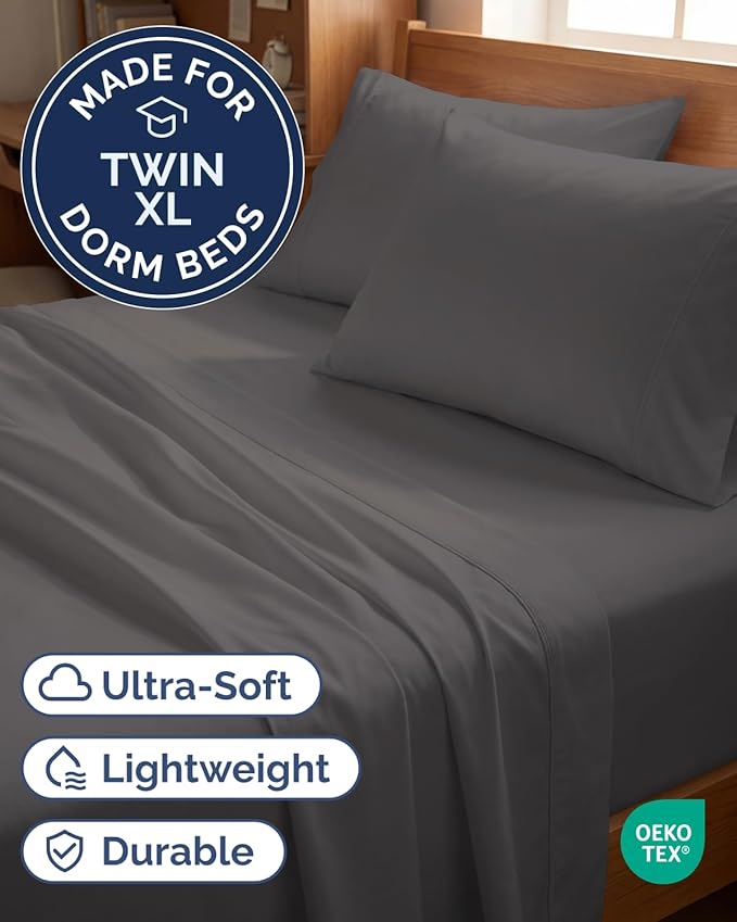 Twin XL 4 Piece Sheet Set - Comfy Breathable & Cooling - Hotel Luxury Bedding for Women, Men, Kids, Teens & Children - 1 Flat & 1 Fitted Sheet & 2 Pillowcases w/ Deep Pockets, Wrinkle Free - Dark Grey