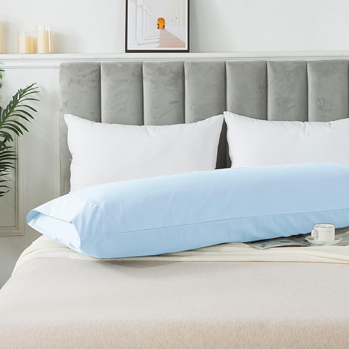 WhatsBedding Body Pillow Cover Cotton Fabric, Long Pillowcase Breathable & Skin-Friendly, Envelope Closure - Light Blue (20x54 inch)