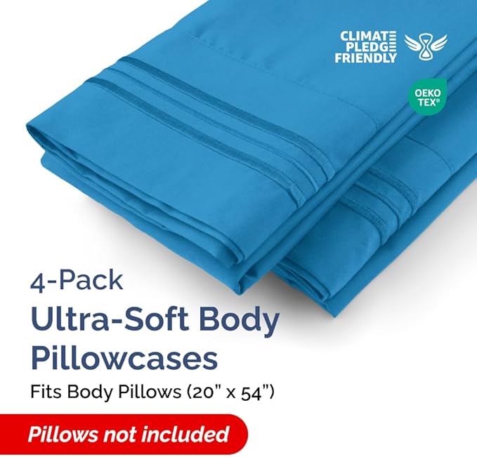 Body Pillowcases Set of 4-20x54 Long Body Pillow Case - Soft Body Pillow Cover for Sleeping & Side Sleepers - Comfy, Breathable & Fade Free - Machine Washable w/Envelope Enclosure - (Denim Blue)