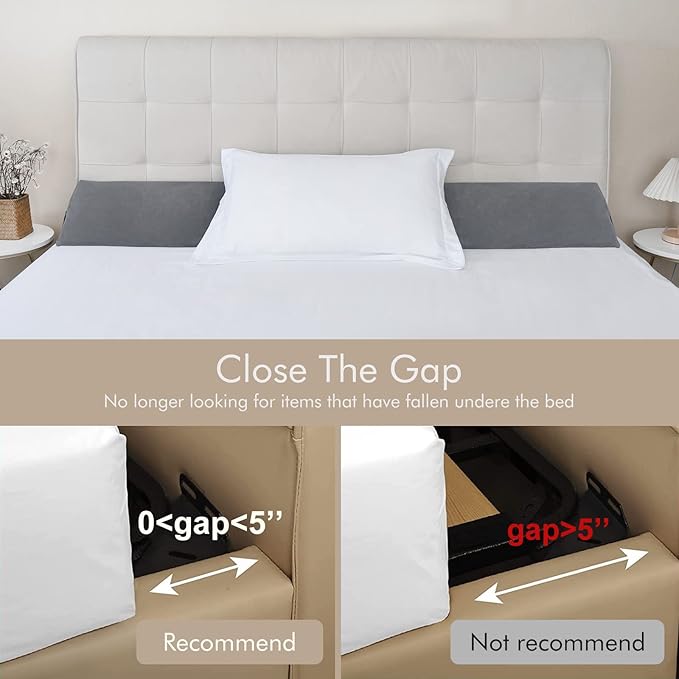 Vekkia King Bed Wedge Pillow for Headboard Gap Filler(0-5"),High-Density Foam,Prevents Pillows & Items from Falling,Ergonomic Design,Large Storage Pockets, Removable&Washable Cover,Gray,76''x10''x6''