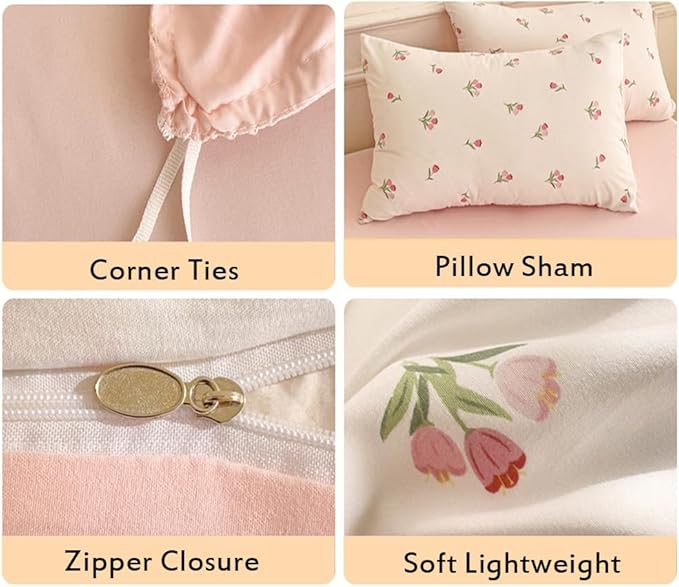 Nayoroom Pink Floral Duvet Cover Queen Size Coquette Tulip Printed on White Reversible Comforter Cover 3Pcs Kids Girls Cottagecore Bedding Set with Zipper Closure Soft Breathable Microfiber