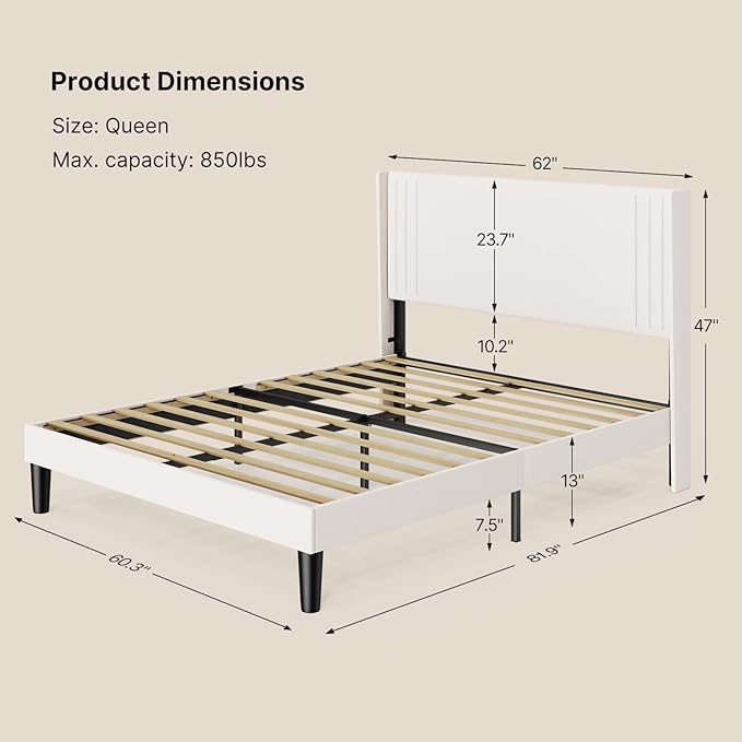 Gizoon Queen Bed Frame, Upholstered Platform Bed with Wingback and Modern Geometric Headboard, Wooden Slats, Noise-Free, No Box Spring Needed