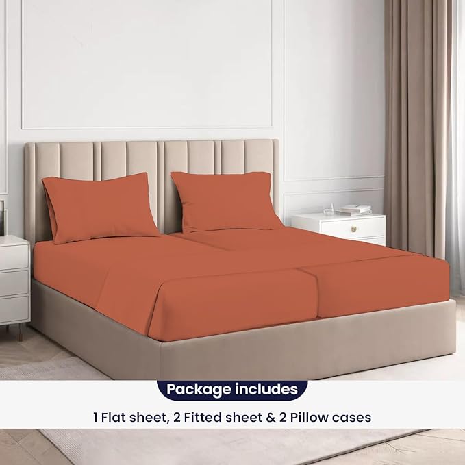 SGI Split King Sheet Set for Adjustable Bed Egyptian Premium Cotton 600 Thread Count Sheets for Sleep Number Bed 15" Deep Pocket 5 Pc Set with 2 Twin XL Fitted Sheets Soft Breathable - Terracotta