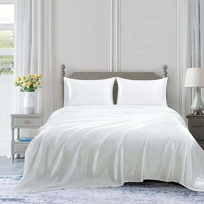 Homiest 3pcs Satin Sheets Set Luxury Silky Satin Bedding Set with Deep Pocket, 1 Fitted Sheet + 1 Flat Sheet + 1 Pillowcase (Twin XL Size, White)