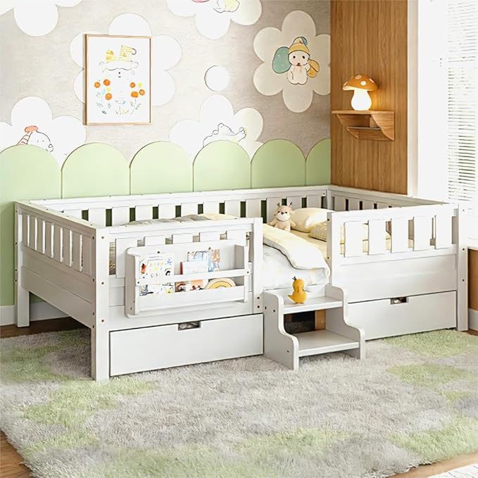 Bellemave Queen Bed with Storage Drawers & Bookshelf, Low Profile Kids Bed Frame with Staircase & Full Length Guardrails, Solid Wood Queen Bed for Kids with Slats Load 550LBS, Easy Assembly, White