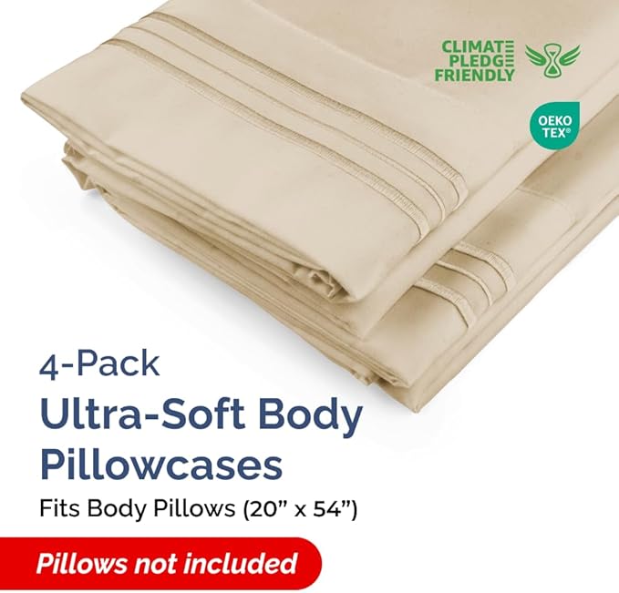 Body Pillowcases Set of 4-20x54 Long Body Pillow Case - Soft Body Pillow Cover for Sleeping & Side Sleepers - Comfy, Cozy Breathable & Fade Free - Machine Washable w/Envelope Enclosure - (Wheat)