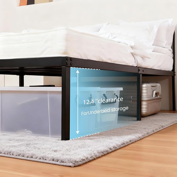 Heavy Duty Metal Bed Frame Twin Size 38" W 75" L 14" H inch with Storage Mattress Foundation Steel Slats Platform Easy Assembly Black