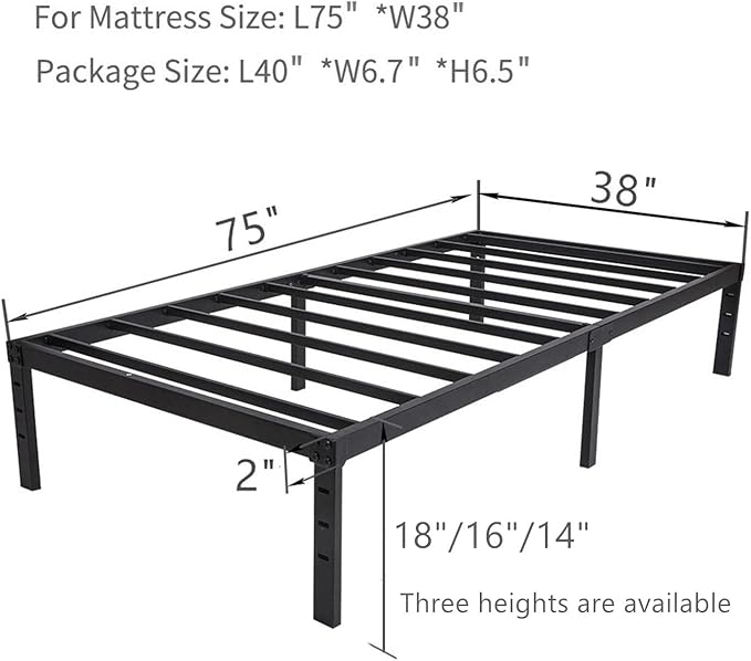 Wulanos Twin Size Bed Frame, 3500lbs Heavy Duty Metal Platform with Steel Slats Support, No Box Spring Needed, 14 inches high Bedframe with Ample Storage, Sturdy and Noise-Free, Black