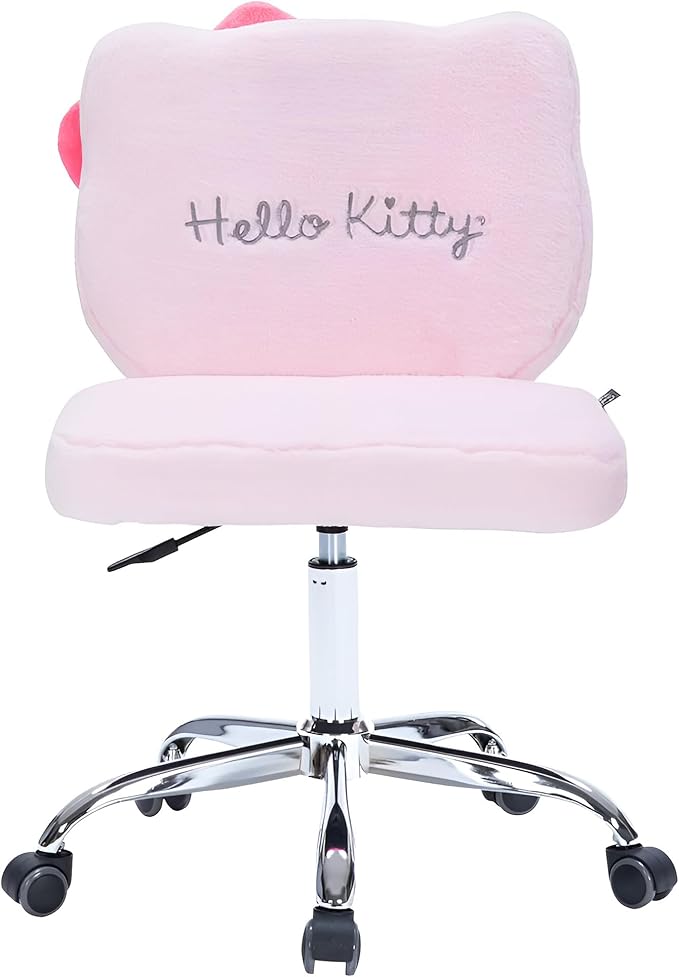 Impressions Vanity Hello Kitty Teddy Swivel Vanity Chair for Makeup Desk, Armless Rolling Chair with Wheels, Adjustable Height, 360 Degree Swing, Comfy Foam Padded Seat and Backrest (Teddy Pink)