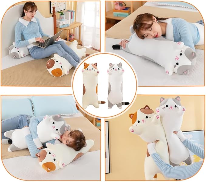 Cat Plush Stuffed Animals Cute Long Cat Body Pillow Plushies Soft Huggable Kitty Pillows for Girls Kids Adults Cat Lovers (New Beige, 27inch)