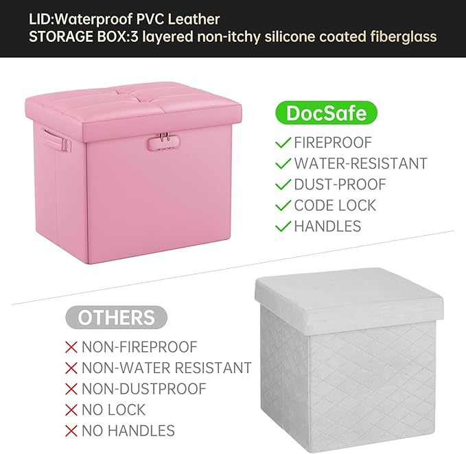 DocSafe Storage Ottoman Foot Rest Stool with Lock ＆ Handles, Fireproof Folding Leather Footstool Bench with Storage Safe for Living Room Bedroom, Home Office, Dorm, 17x13x13in, Pink