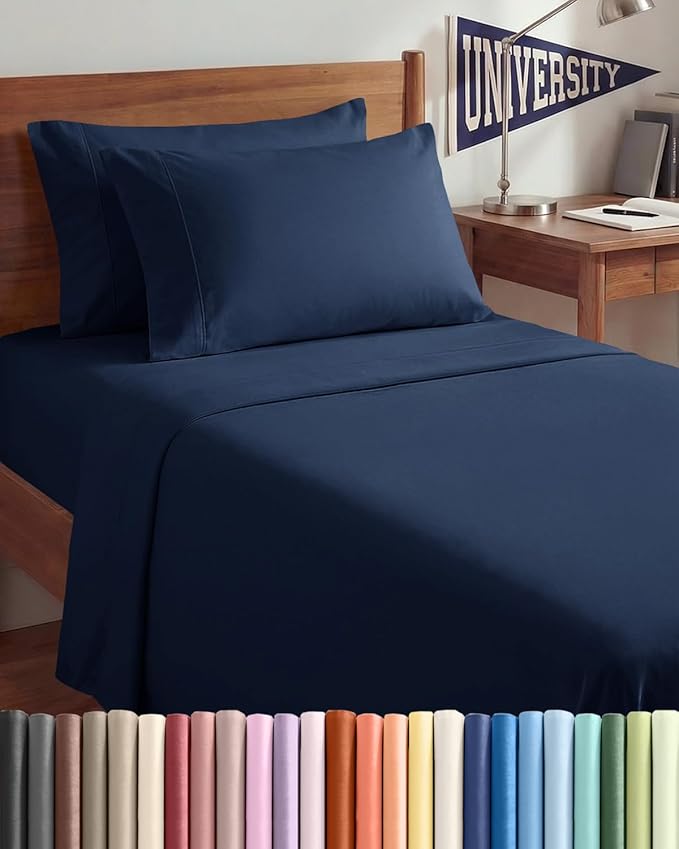 Twin XL 4 Piece Sheet Set - Comfy Breathable & Cooling - Hotel Luxury Bedding for Women, Men, Kids, Teens & Children - 1 Flat & 1 Fitted Sheet & 2 Pillowcases w/ Deep Pockets, Wrinkle Free - Navy Blue