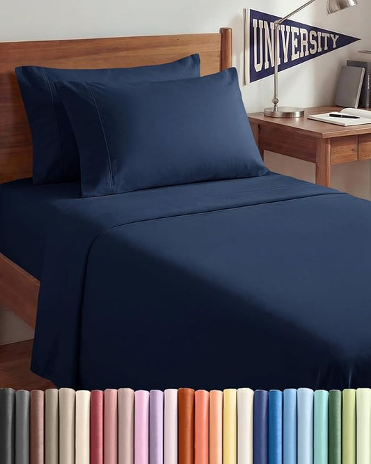 Twin XL 4 Piece Sheet Set - Comfy Breathable & Cooling - Hotel Luxury Bedding for Women, Men, Kids, Teens & Children - 1 Flat & 1 Fitted Sheet & 2 Pillowcases w/ Deep Pockets, Wrinkle Free - Navy Blue
