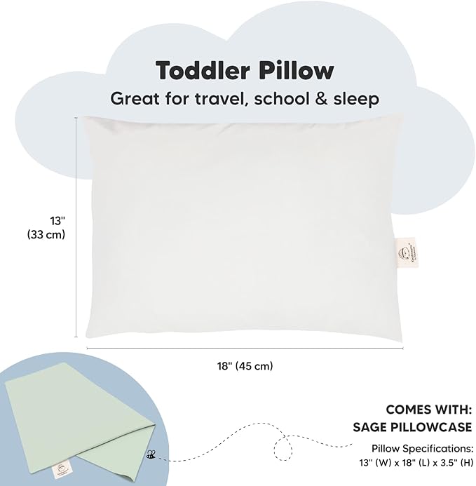 Toddler Pillow with Pillowcase - 13x18 My Little Dreamy Kids Travel Bed Pillows for Sleeping, Organic Cotton Small Pillowcase, Soft & Breathable, Machine Washable, Toddlers 2-5 years old (Sage)