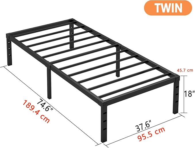 Hafenpo 18 Inch Twin Bed Frame - Sturdy Metal Platform Twin Size, No Box Spring Needed, Heavy Duty, Easy Assembly, Strong Bearing Capacity, Under Bed Storage, Black