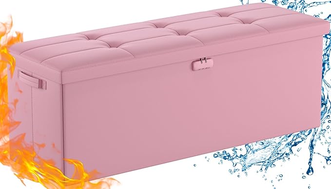 DocSafe Storage Ottoman Bench, Fireproof＆Waterproof Folding Bench with Lock(15”x 43”x15”), Leather Storage Chest with Handles＆2 Extra Boxes, Ottoman Safe for Bedroom,Living Room,Home Office, Pink