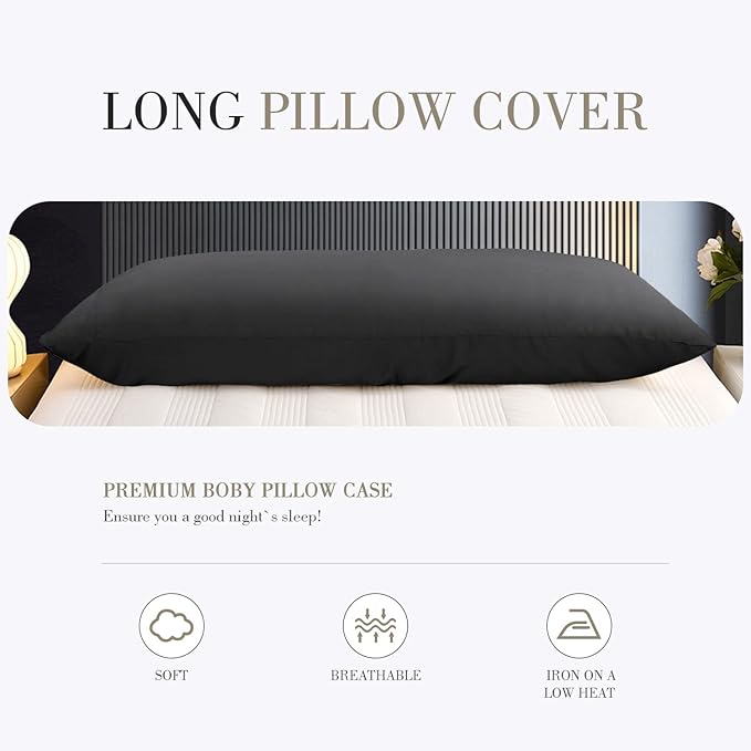 WishSmile Body Cooling Pillowcase Long Pillow Case Breathable Cool Silky Soft Rayon Derived from Bamboo Fabric,Hair and Skin Friendly,Black,1 Pack,20x54IN