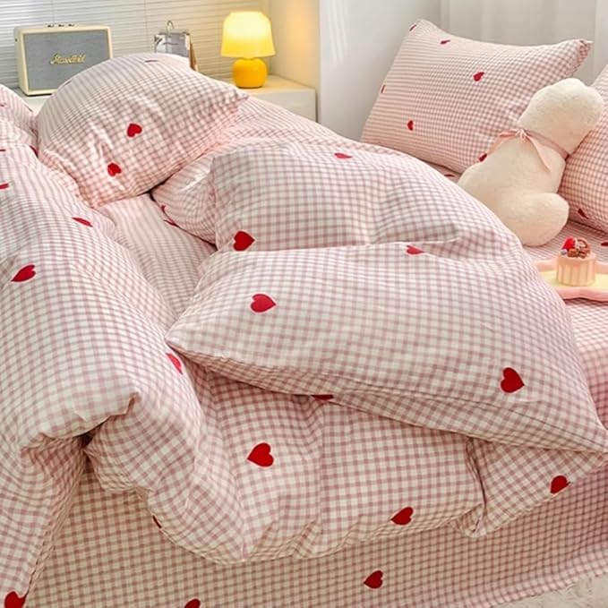 Nayoroom Gingham Duvet Cover Queen Size Pink Plaid Red Heart Printed on White Bedding Set 3 Pcs Kids Girls Cute Heart-Shaped Comforter Cover with Zipper Closure Soft Breathable Microfiber