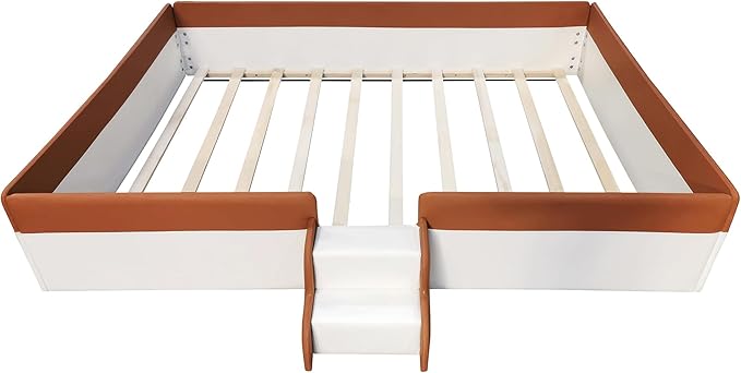 Merax Queen Size Upholstered Kids Daybed Frame with Fence and Stairs, Wood Bed for Living Room, Floor Bed, White+Brown