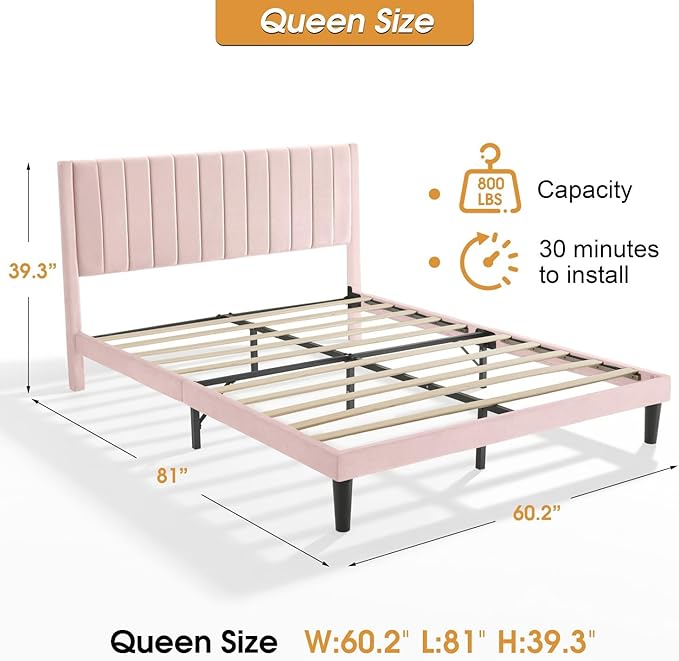 Queen Bed Frame Upholstered Platform,Queen Size Bed Frame with Velvet Headboard,Non-Slip and Noise-Free/Wooden Slats Support/No Box Spring Needed/Easy Assembly/Mattress Foundation (Pink, Queen)