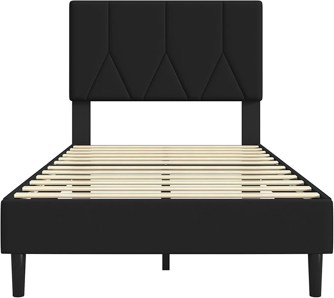 Twin Bed Frame, Padded Platform Bed Frame with Velvet Headboard, Vertical Quilted Design, Sturdy Slatted Mattress Base, No Spring Mattress Required, Easy to Assemble, Black