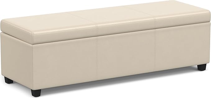 SIMPLIHOME Avalon Extra Large Storage Ottoman Bench - 54 inch Wide Upholstered Vegan Leather Rectangular Lift-Top Ottoman in Satin Cream, Contemporary Bench for Living Room with Hidden Storage