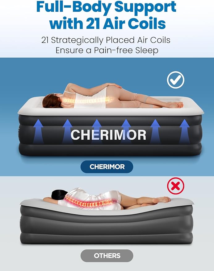 CHERIMOR Twin XL Air Mattress with Built-in Pump, 18" Raised Comfort, 80“ Length, 48Hr Leak-Proof Test, Upgraded Honeycomb Pillar Design, Supports 500 lbs, 2-Min Inflation for Home, Guests & Camping