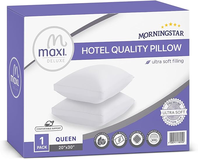 Maxi Deluxe Queen Size Bed Pillow – Ultra Soft & Comfortable – Versatile for Side, Back & Stomach Sleepers – 300TC Cotton Top – Single Pack – (Queen Size Pillow is 20 x 30)