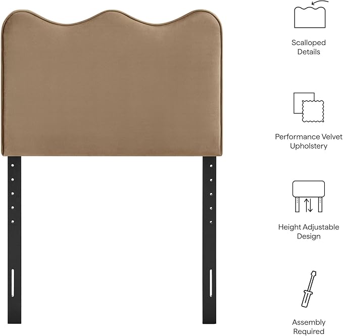 Monday Athena Twin Size Performance Velvet Adjustable Headboard in Taupe - with Scalloped Wave Design and Stain-Resistant Velvet Upholstery