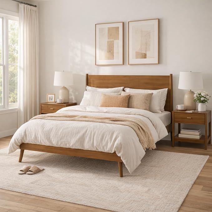 Merax Queen Size Solid Wood Platform Bed, Mid-Century Modern Bed Frame with Splayed Legs, 600 lbs Weight Capacity, No Box Spring Needed, Natural