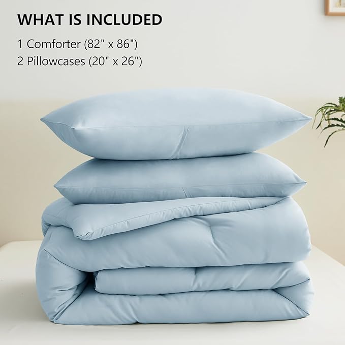 CozyLux Full Size Comforter Set Light Blue, 3 Pieces Solid Breathable Quilted Bedding Sets, Luxury Lightweight Soft Bed Set with Down Alternative Comforter and 2 Pillowcases for All Seasons